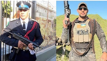 Dos fotografías de un hombre: a la izquierda, con uniforme policial y subfusil; a la derecha, con uniforme militar, chaleco táctico, bandolera y parche de Ucrania