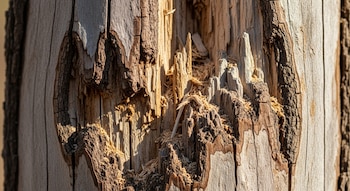 Primer plano de un tronco de árbol con corteza áspera, grietas profundas, áreas sin corteza y madera interna expuesta con astillas.