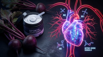 Remolachas, un tarro de suplemento deportivo en polvo y un corazón humano brillante con arterias y señales moleculares de óxido nítrico.