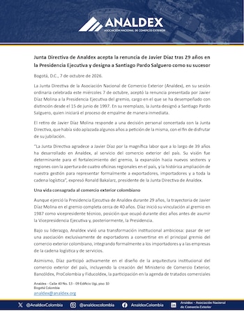 Santiago Pardo Salguero será el remplazo de Javier Díaz en Analdex - crédito Analdex