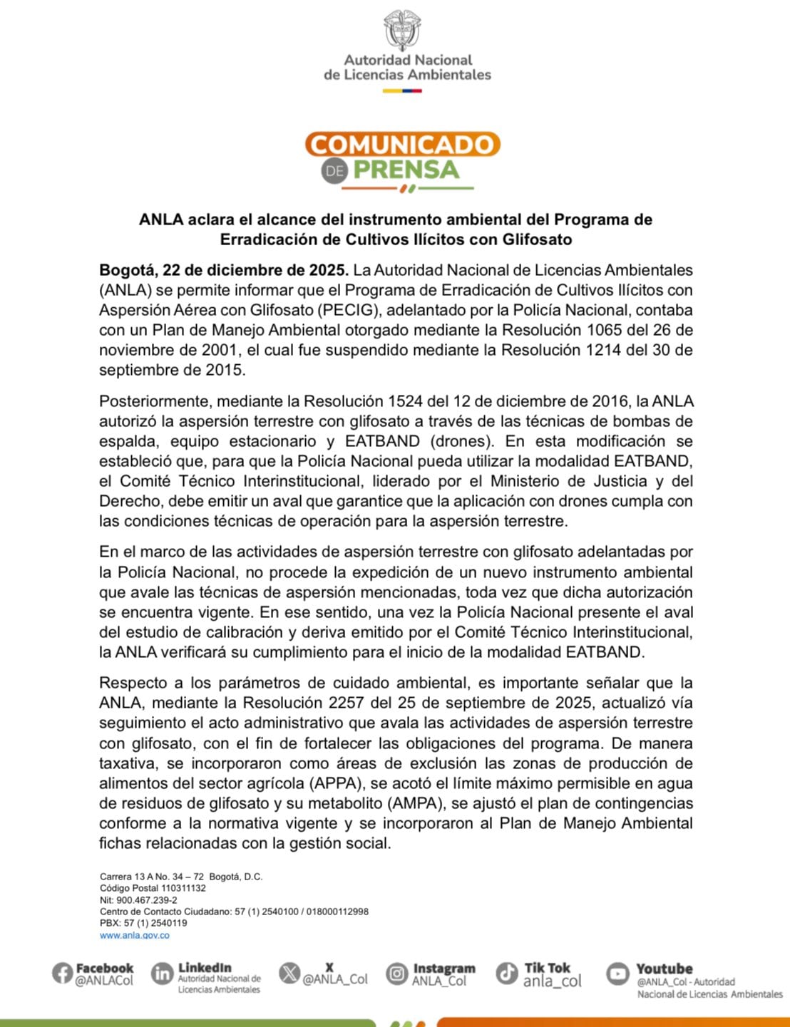 La ANLA confirmó que el Gobierno nacional otorgó el aval requerido para que la Policía adelante aspersión terrestre de glifosato con drones