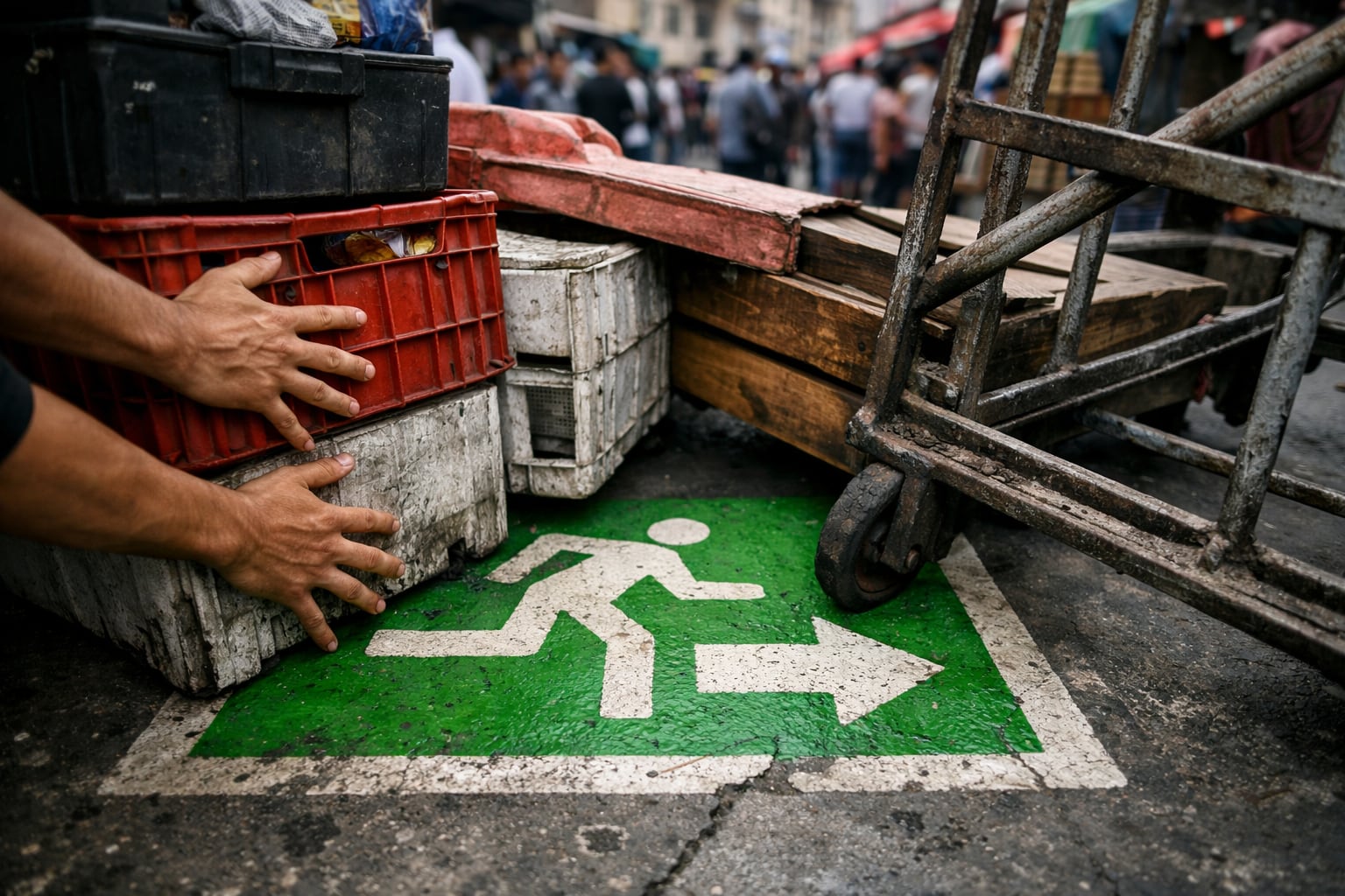 Manos intentan despejar una ruta de evacuación pintada en el pavimento de Mesa Redonda, Lima, que se encuentra obstruida por cajas y estructuras de puestos ambulantes. (Imagen Ilustrativa Infobae)