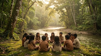 Un grupo de diez niños pequeños sentados en círculo sobre musgo verde junto a un río en la selva amazónica, rodeados de árboles altos bajo una luz dorada y suave.