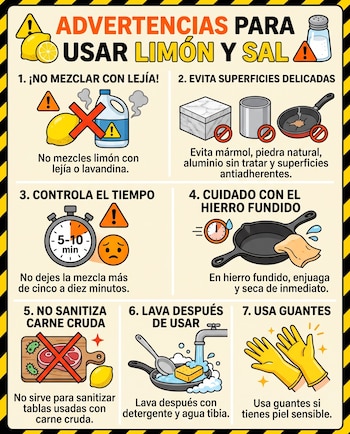 Infografía con siete secciones ilustradas que muestran un limón, un salero, una botella, recipientes, sartenes y guantes de goma amarillos