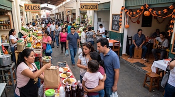 Personas caminan por un pasillo de mercado con puestos de comida y dulces, donde dos músicos tocan la guitarra y el cajón.