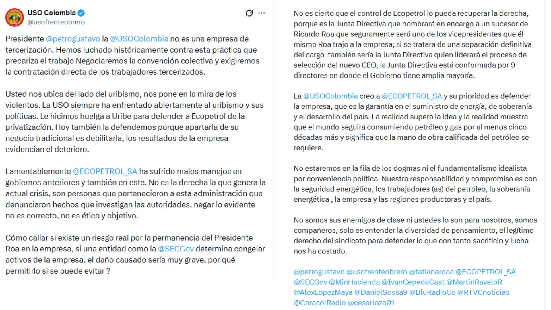 El sindicato cuestionó la velocidad de la transición energética del Gobierno, asegurando que alejar a Ecopetrol de su negocio central pone en riesgo la estabilidad de la empresa - crédito @usofrenteobrero/X