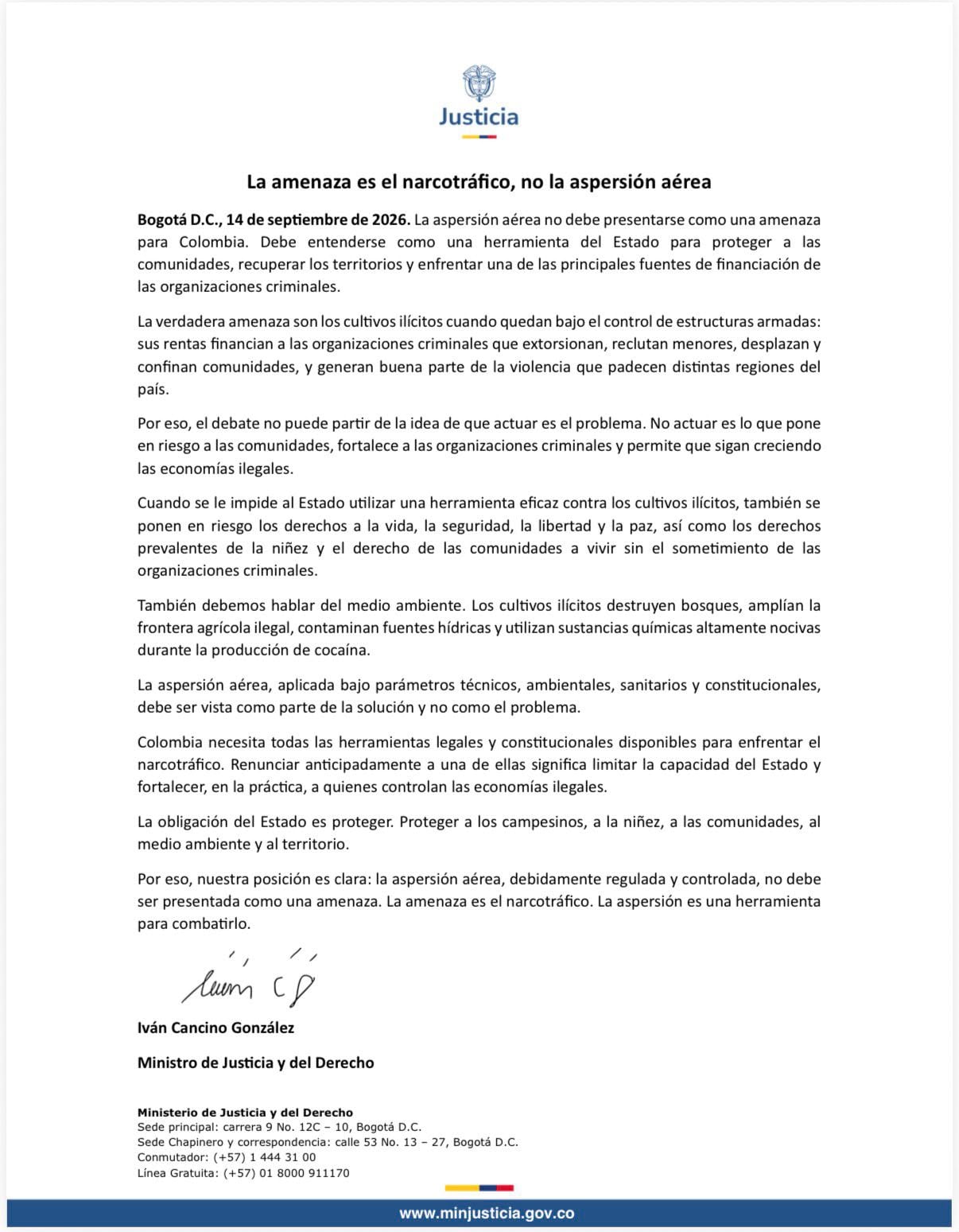 MinJusticia pidió usar todas las herramientas legales contra las economías ilegales - crédito @MinjusticiaCo/X