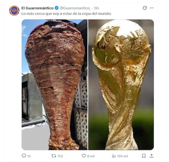 Imagen dividida con un trompo de carne al pastor a la izquierda y el trofeo de la Copa Mundial de la FIFA a la derecha, en una publicación de red social