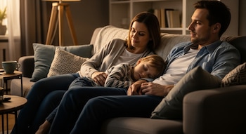 Un niño duerme en un sofá gris entre una mujer y un hombre, quienes también están sentados. La sala está iluminada suavemente con luz cálida.