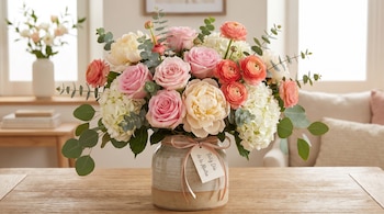 Arreglo floral en jarrón de cerámica con rosas rosadas, ranúnculos coral, peonías crema, hortensias blancas y eucalipto. Incluye etiqueta "Feliz Día de la Madre" y lazo.