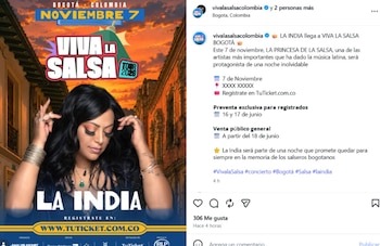 La India, reconocida cantante puertorriqueña, también ha sido confirmada para el cartel del show de Bogotá en el Viva la Salsa Tour 2026 - crédito @vivalasalsacolombia/ Instagram