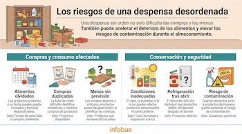 Infografía con ilustraciones de una despensa desorganizada y seis iconos explicativos sobre el manejo y la conservación de alimentos.