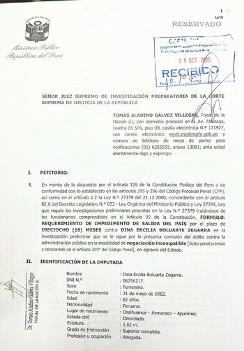 Pedido de impedimento de salida del país contra Dina Boluarte.
