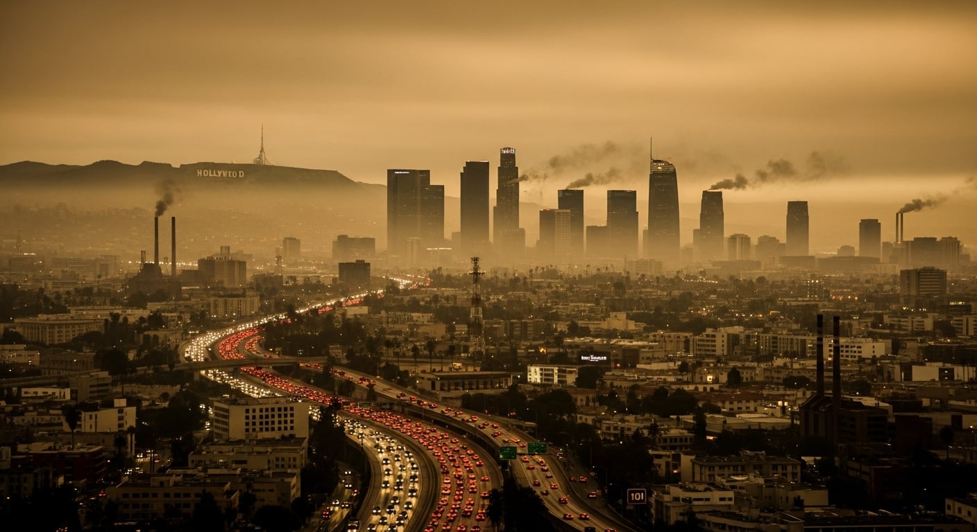 Una vista panorámica de la ciudad de Los Ángeles revela una densa capa de smog cubriendo sus rascacielos y una autopista con intenso tráfico, simbolizando la contaminación ambiental. (Imagen Ilustrativa Infobae)