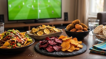 Primer plano de una mesa de madera con tazones de nachos, chips de calabacín, croquetas, chips de vegetales y galletas de arroz. TV con fútbol al fondo.