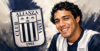 Joven de cabello rizado sonríe vistiendo camiseta blanca y azul a rayas. A su izquierda, el escudo del Club Alianza Lima con coronas, una estrella y el año 1901