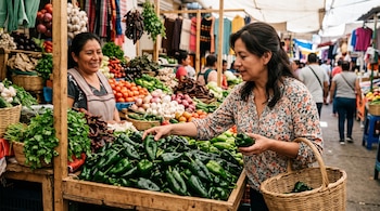 Una mujer con cesta de mimbre toma chiles poblanos de una pila sobre un puesto de mercado con hortalizas y una vendedora al fondo.
