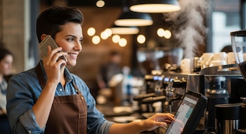 Mujer con cabello corto y delantal marrón habla por teléfono mientras toca una pantalla táctil. Al fondo hay una máquina de café con vapor y tazas.