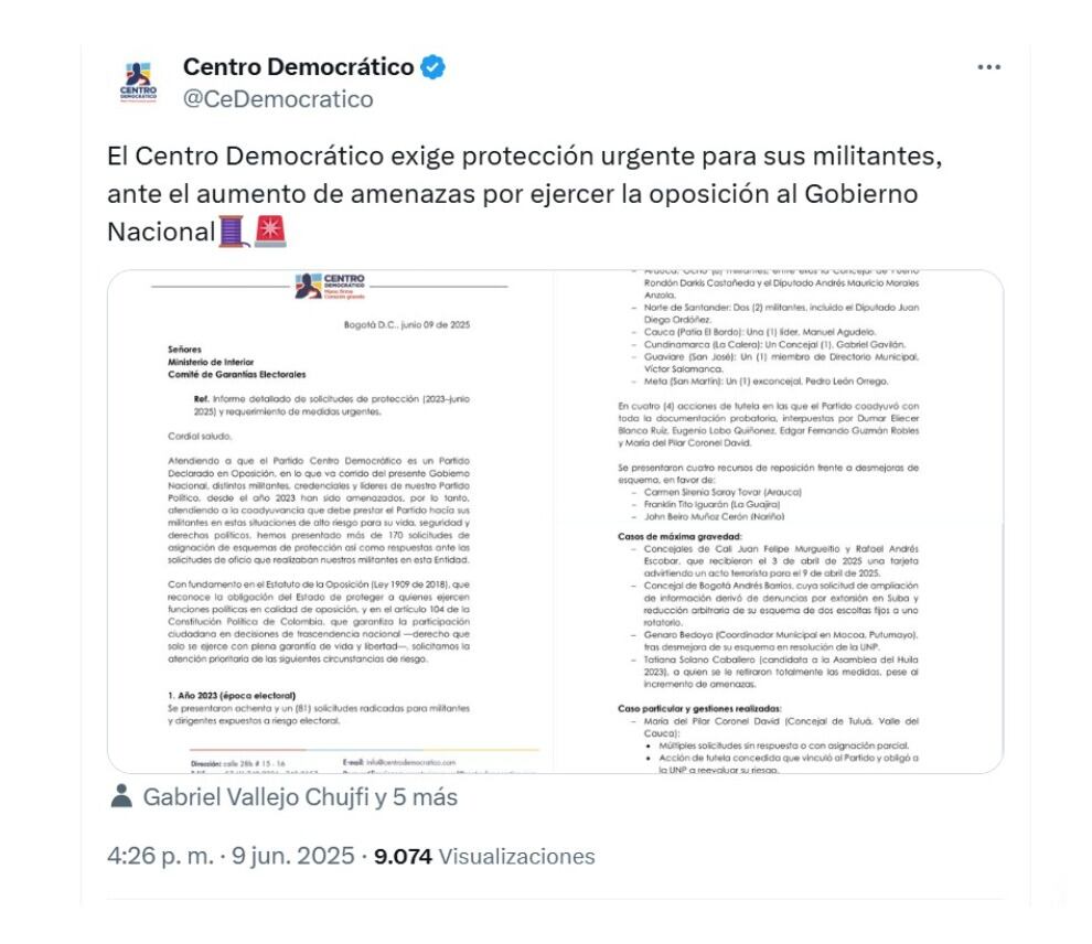 Con esta carta dirigida al Ministerio del Interior, el Centro Democrático pidió reforzar esquemas de seguridad para sus miembros - crédito @cedemocratico/X