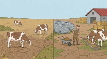 Ilustración de un campo rural dividido: izquierda, vacas en tierra seca y agrietada; derecha, un ganadero alimenta a las vacas con forraje, silo y heno.
