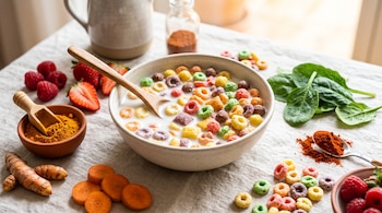 Tazón con leche y cereales de colores rodeado de fresas, frambuesas, rodajas de zanahoria, hojas de espinaca y especias en polvo