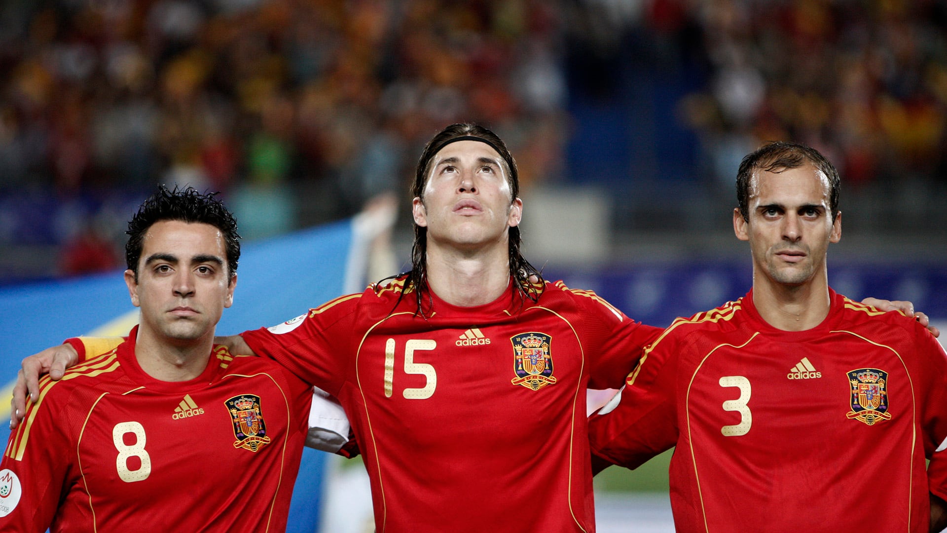 Mariano Pernía en la selección de España junto a Xavi Hernández y Sergio Ramos (Foto Jasper Juinen)