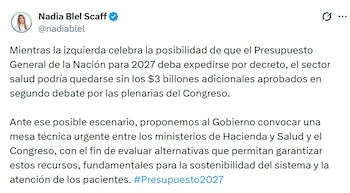 Nadia Blel, senadora, propuso mesas ténicas para evaluar alternativas que permitan garantizar recursos para la salud - crédito @NadiaBlel/X