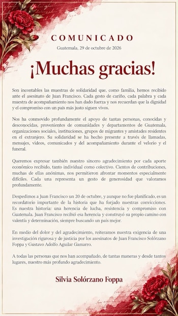 Documento con membrete floral rojo y texto impreso titulado Comunicado, fechado en Guatemala