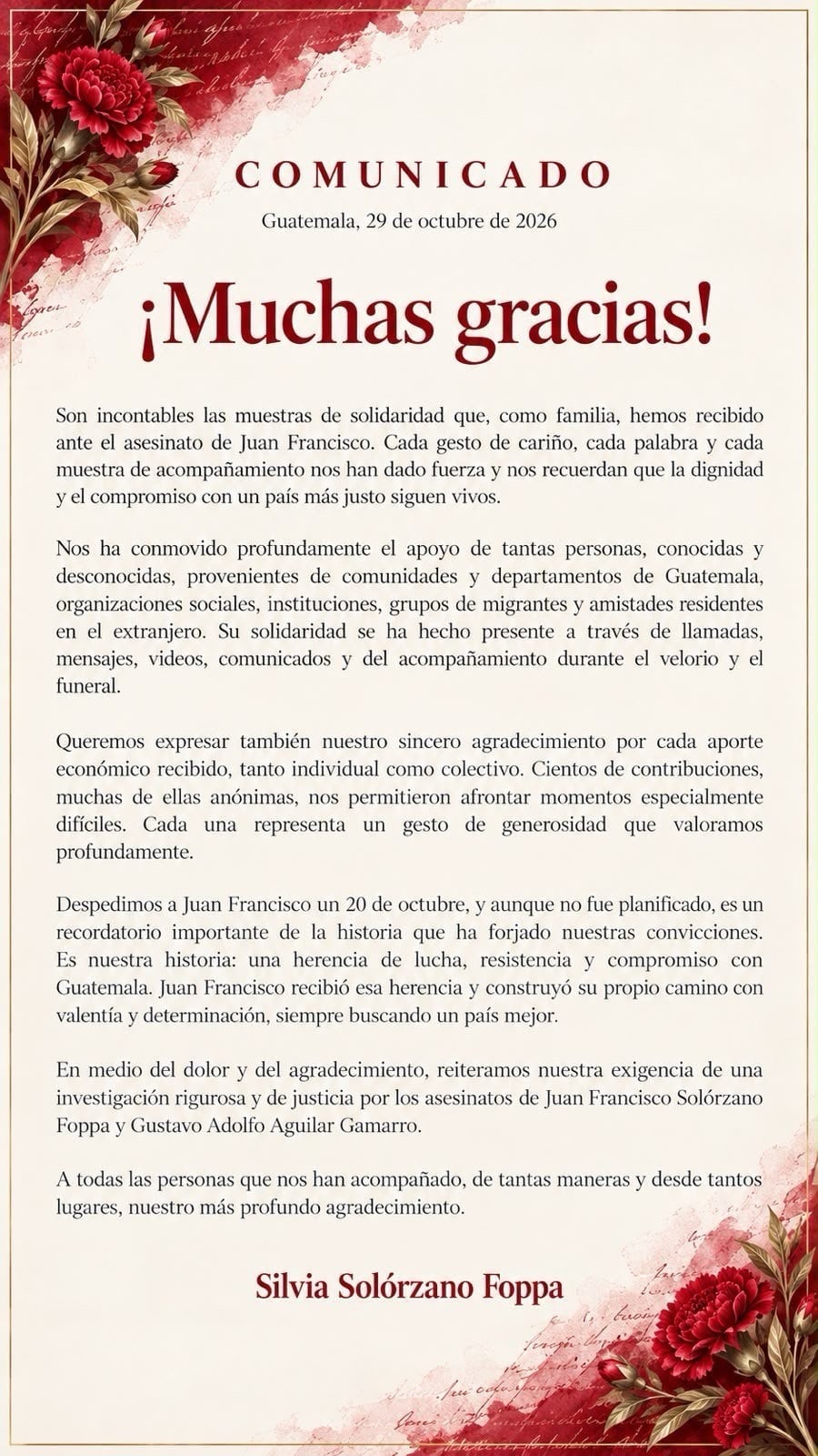 Un comunicado firmado por Silvia Solórzano Foppa en Guatemala agradece el apoyo recibido y solicita una investigación sobre la muerte de Juan Francisco Solórzano Foppa. (Familia Solorzano Foppa)