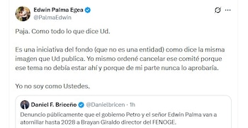 El ministro de Minas y Energía, Edwin Palma, negó que exista un plan para garantizar la permanencia de Brayan Giraldo hasta 2028 - crédito @PalmaEdwin/X