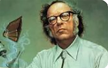Retrato de Isaac Asimov, un hombre con gafas y cabello rizado, vistiendo camisa verde claro y corbata bolo, sosteniendo un objeto con humo azul