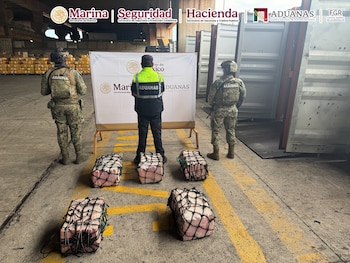 Los 137 kilogramos de presunta cocaína fueron hallados ocultos entre una carga comercial en el puerto de Lázaro Cárdenas. (Cortesía)