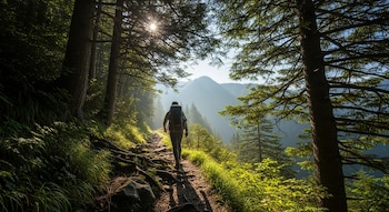 Un senderista con mochila camina por un sendero soleado en un bosque denso con árboles altos, vegetación verde y montañas brumosas a lo lejos.