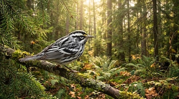 Una reinita trepadora de plumaje blanco y negro con detalles amarillos en la cabeza, posada sobre una rama cubierta de musgo en un bosque soleado.