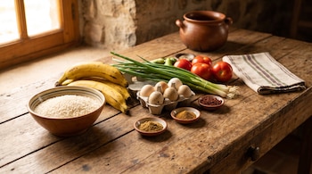 Un cuenco con arroz blanco, plátanos, huevos, cebollas, tomates y especias sobre una mesa de madera junto a una olla de barro.