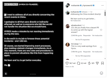 Captura de pantalla de una publicación de Instagram con un comunicado en inglés firmado por Moritz Fürste sobre Hyrox