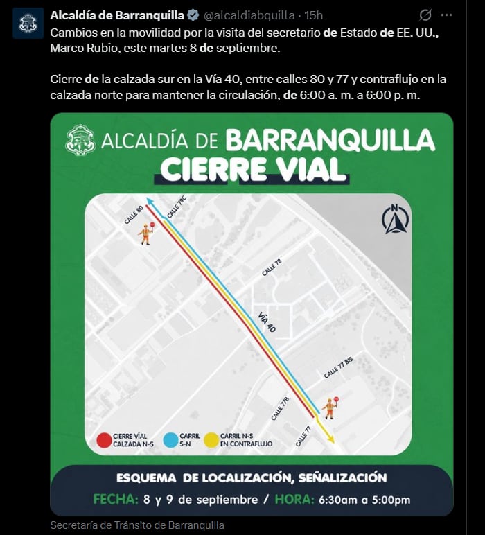 Las restricciones de tránsito en Barranquilla para la visita del secretario de Estado de EE. UU., Marco Rubio, incluyen las carreras 55 y 56 entre calles 74 y 76, y la calle 75 entre carreras 54 y 57 - crédito @alcaldiabquilla/X