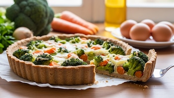 Receta de tarta de brócoli y zanahoria con masa integral, rápida y fácil