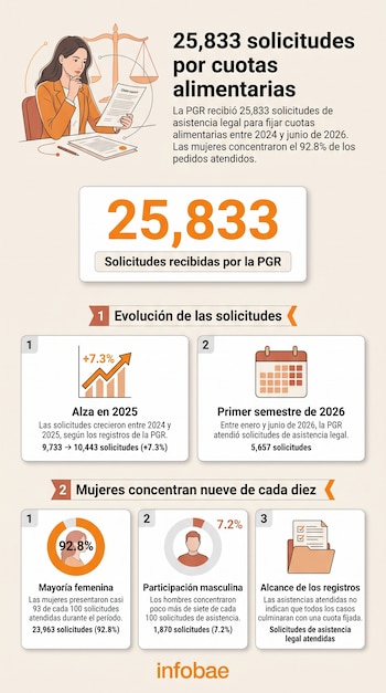 Infografía con una ilustración de una abogada, gráficos estadísticos sobre cuotas alimentarias y el logotipo de Infobae al pie.