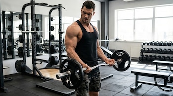 Hombre musculoso con camiseta sin mangas negra y pantalones camuflados, realizando curl de bíceps con barra EZ en un gimnasio moderno.