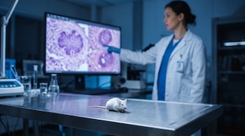Ratón de laboratorio blanco en primer plano sobre mesa de acero; al fondo, científica con bata apunta a monitor con imágenes de lesiones tumorales.