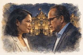Ilustración digital acuarela de Keiko Fujimori con blazer blanco y Roberto Sánchez con saco azul, mirándose cara a cara. Detrás, el Palacio de Gobierno de Perú de noche.