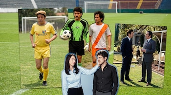Collage de personajes de ficciones mexicanas sobre fútbol, incluyendo jugadores y escenas dramáticas, sobre un campo de fútbol profesional.