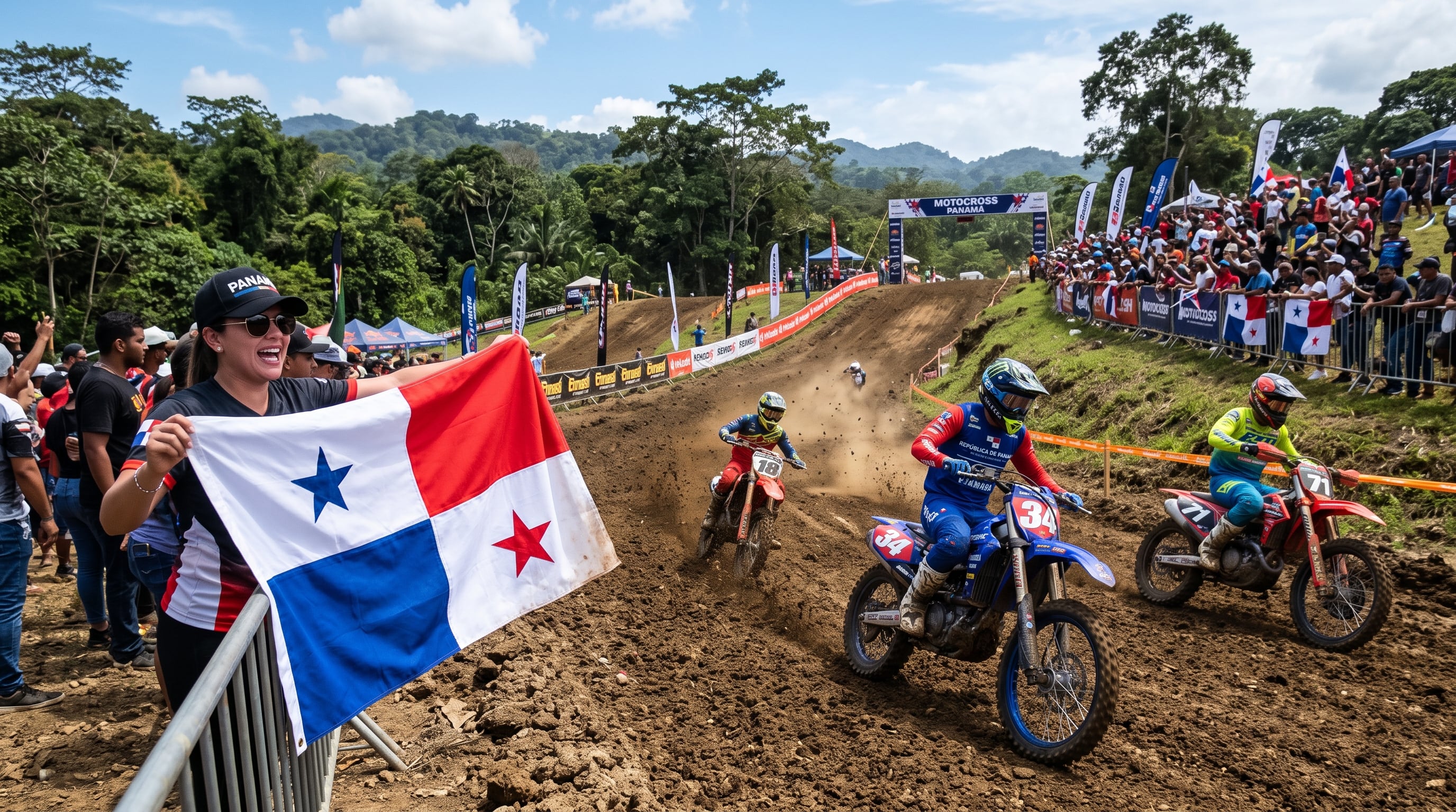 Una espectadora sostiene la bandera de Panamá durante una competencia de motocross en una pista al aire libre. (Imagen Ilustrativa Infobae)