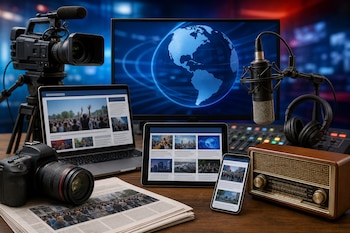 Una cámara de video, una computadora portátil, un teléfono celular, un micrófono y una radio de madera sobre un escritorio de estudio.