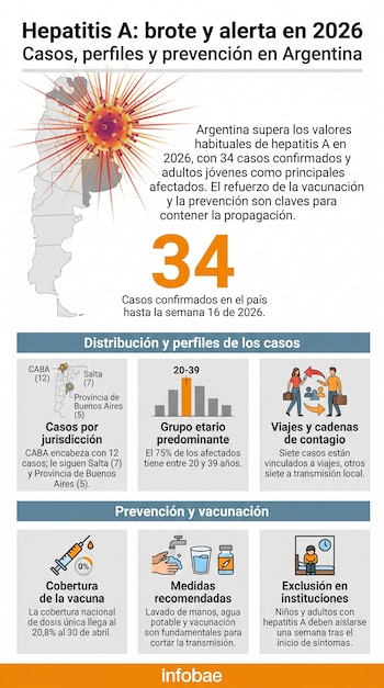 Infografía detallando el brote de Hepatitis A en Argentina en 2026, mostrando un mapa con puntos de contagio, datos numéricos y recomendaciones.