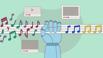 Ilustración plana de una mano robótica azul sosteniendo un pentagrama con notas musicales variadas a la izquierda y notas repetitivas a la derecha. Iconos de streaming al fondo