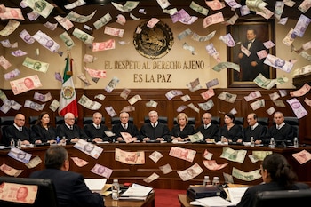 Miembros del Pleno de la SCJN sentados en una sala judicial. Billetes de pesos mexicanos caen. Al fondo, la bandera de México y la frase 'EL RESPETO AL DERECHO AJENO ES LA PAZ'.
