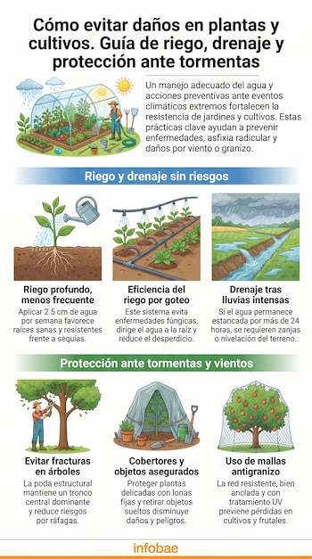 Una infografía ilustra métodos de riego, drenaje y protección de plantas. Muestra un invernadero, riego por goteo, zanjas, poda de árboles y mallas antigranizo.