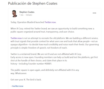 Captura de pantalla de un texto en inglés publicado por Stephen Coates en una plataforma digital sobre Twitter.now